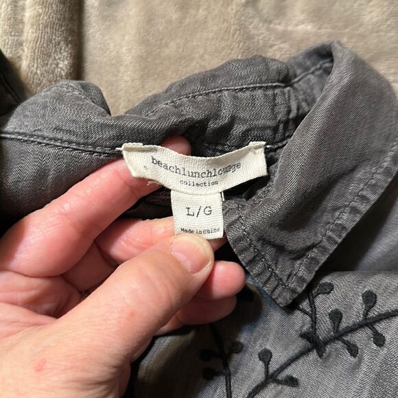 beachlunchlounge L Lyocell Gray Black Embroidered Button Down Casual Shirt - Picture 12 of 14